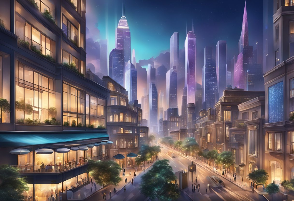 A bustling cityscape with a luxurious hotel towering over the skyline, surrounded by vibrant lights and bustling activity