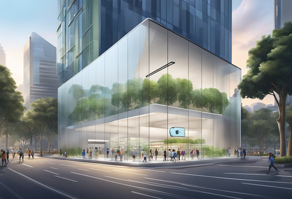 The Apple Store in Singapore is a sleek, modern building with a glass facade and minimalist design, surrounded by bustling city streets