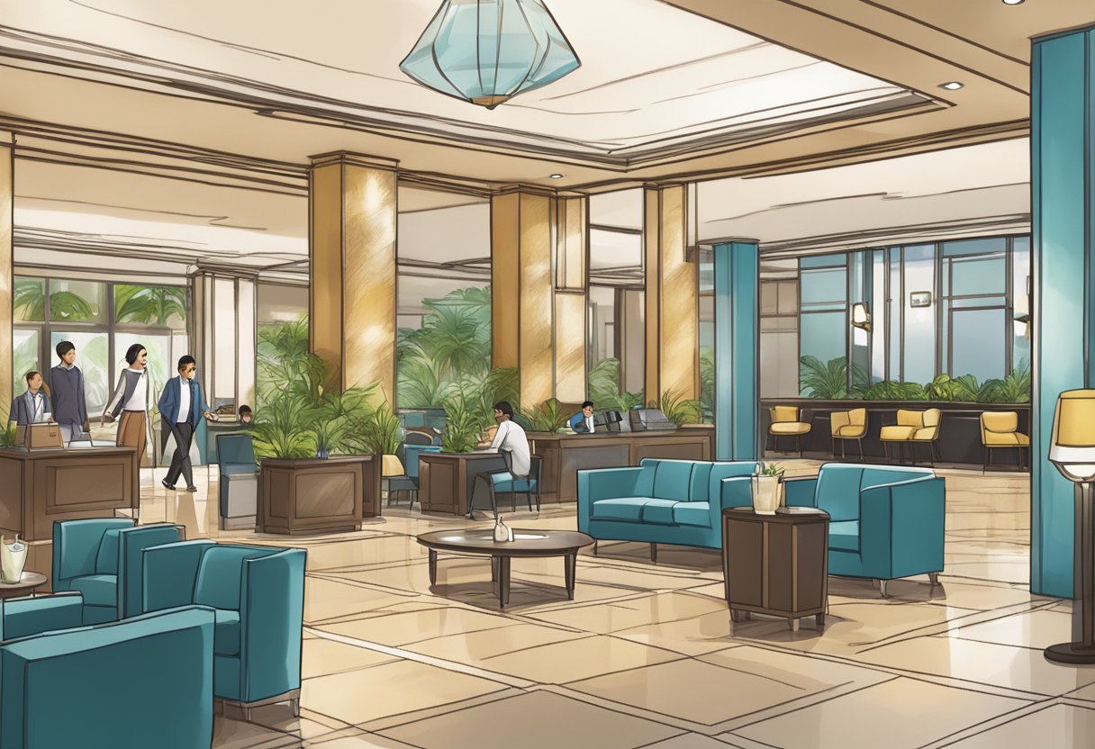 A bustling hotel lobby in Singapore, with a prominent "Frequently Asked Questions" sign and a promotional display