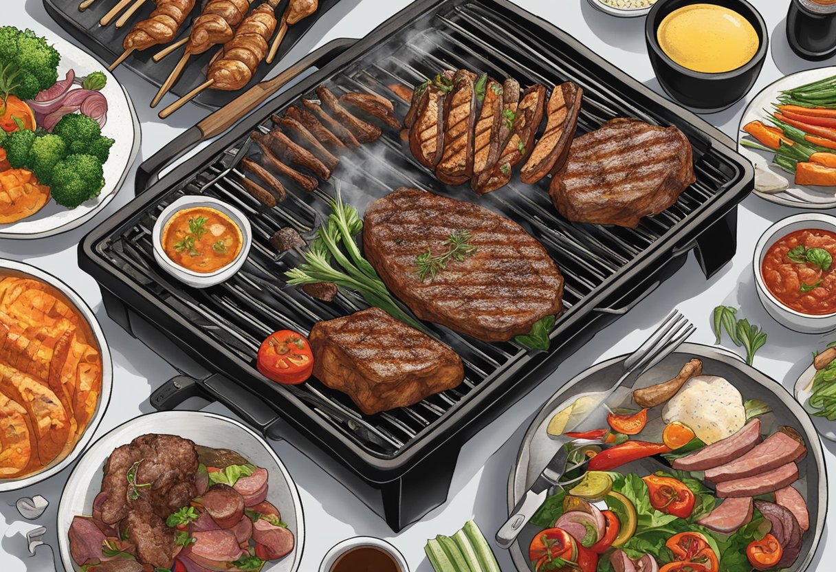 A sizzling grill at Asador Singapore, emitting aromatic smoke and flames, surrounded by various cuts of meat and vegetables