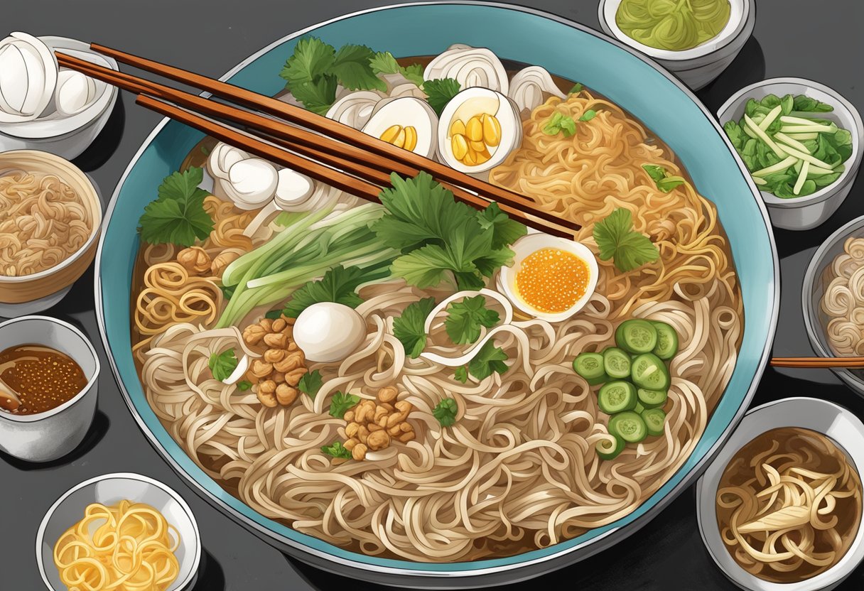 A steaming bowl of bak chor mee sits on a hawker stall, surrounded by condiments and chopsticks