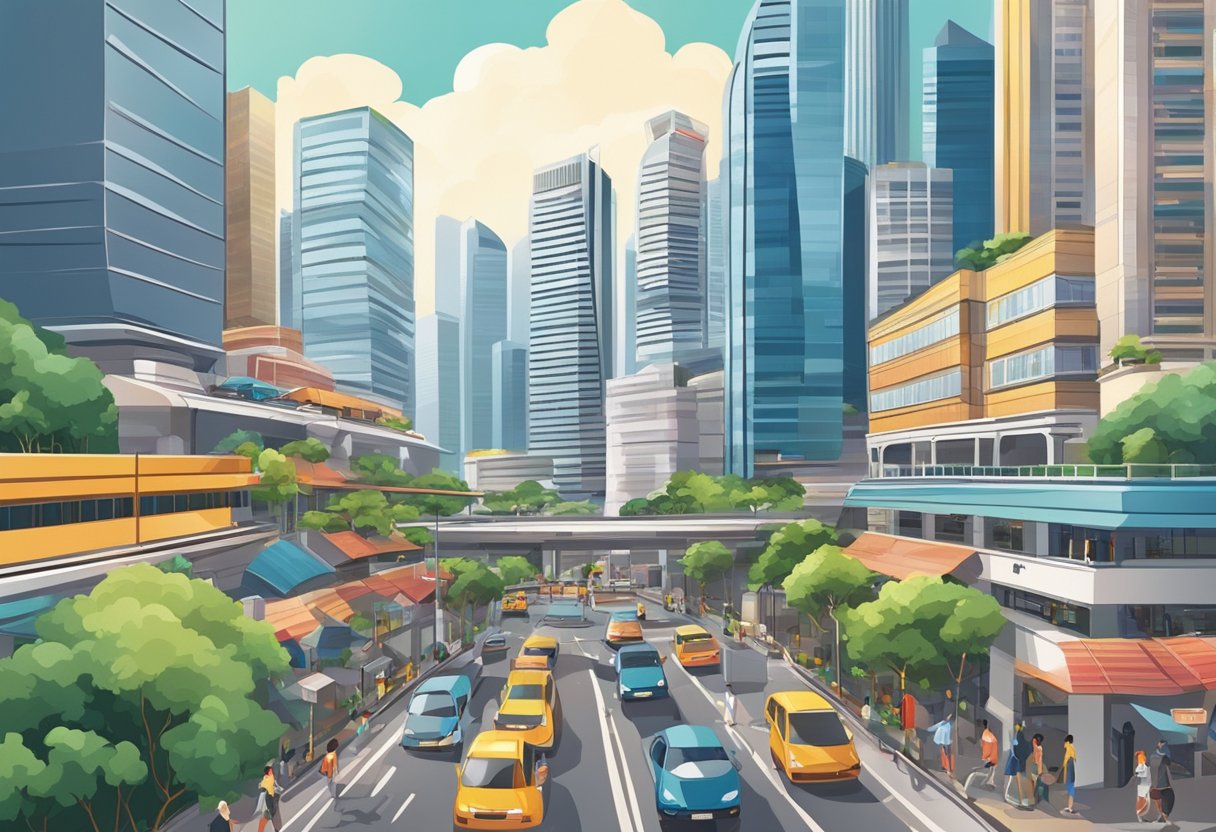 A bustling cityscape with skyscrapers and busy streets, showcasing the modern and vibrant atmosphere of Singapore