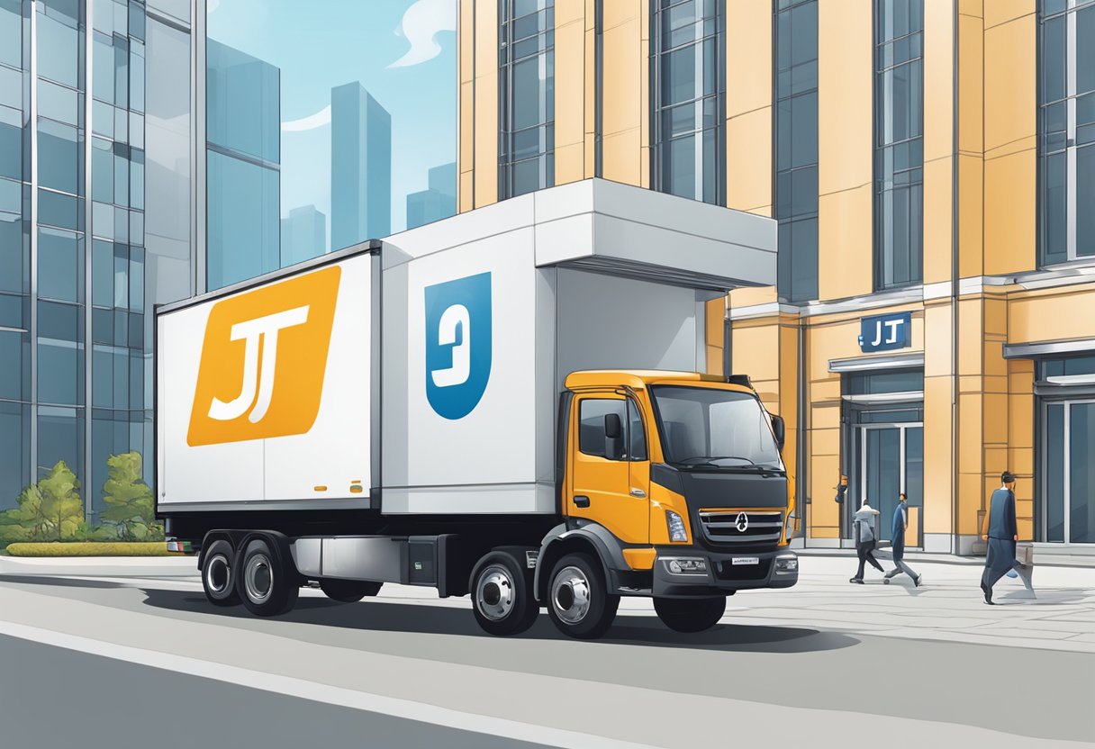 A delivery truck parked outside a modern office building, with a J&T logo prominently displayed on the side. The driver unloading packages onto a trolley