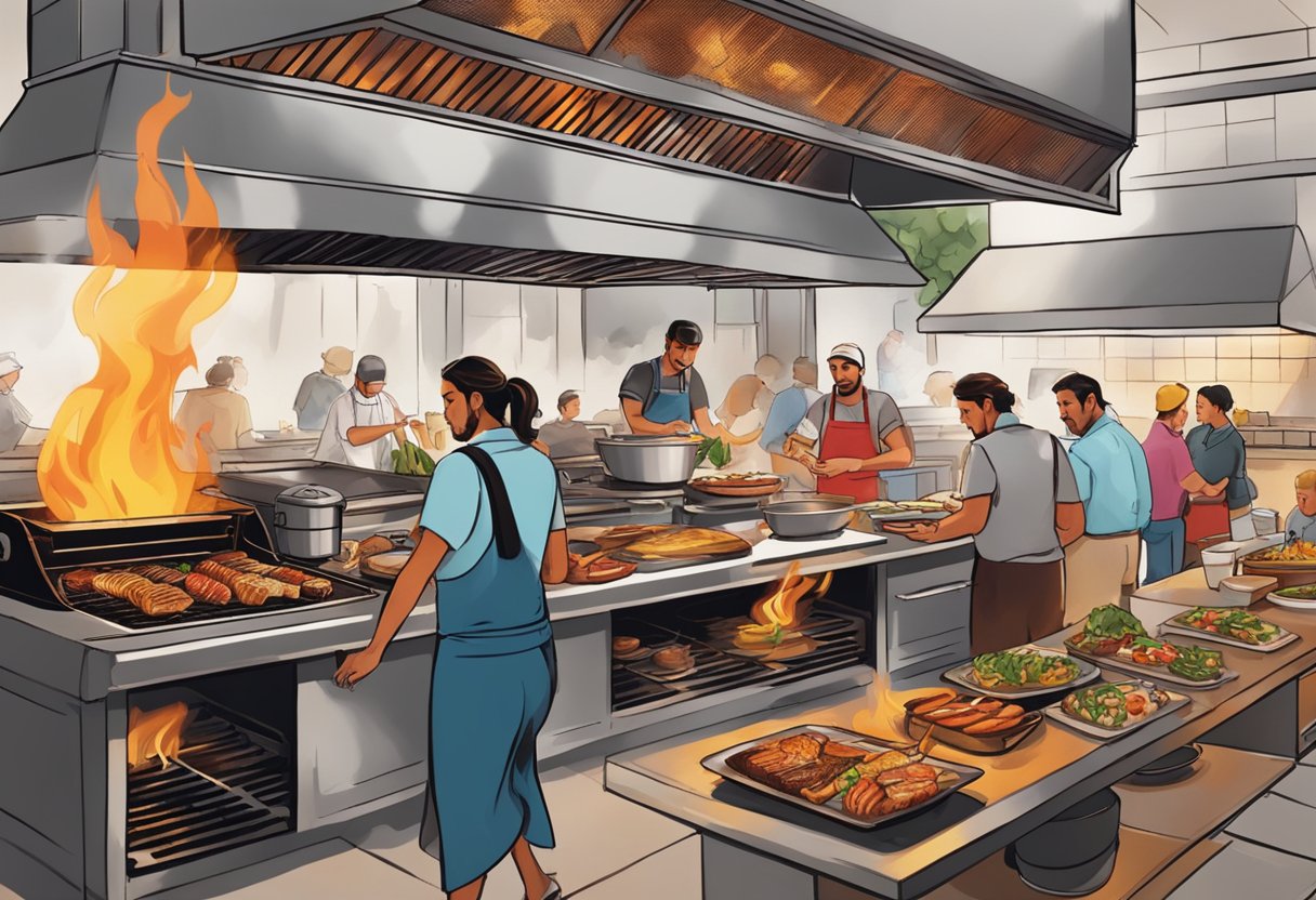 A bustling open kitchen with flames leaping from the grill, surrounded by diners enjoying the sizzle and aroma of Spanish-inspired dishes