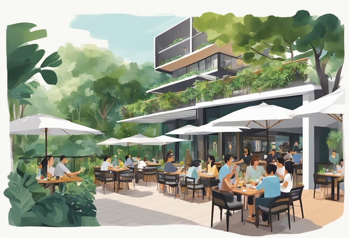 Visitors enjoying outdoor dining at Asador Singapore, surrounded by lush greenery and modern architecture