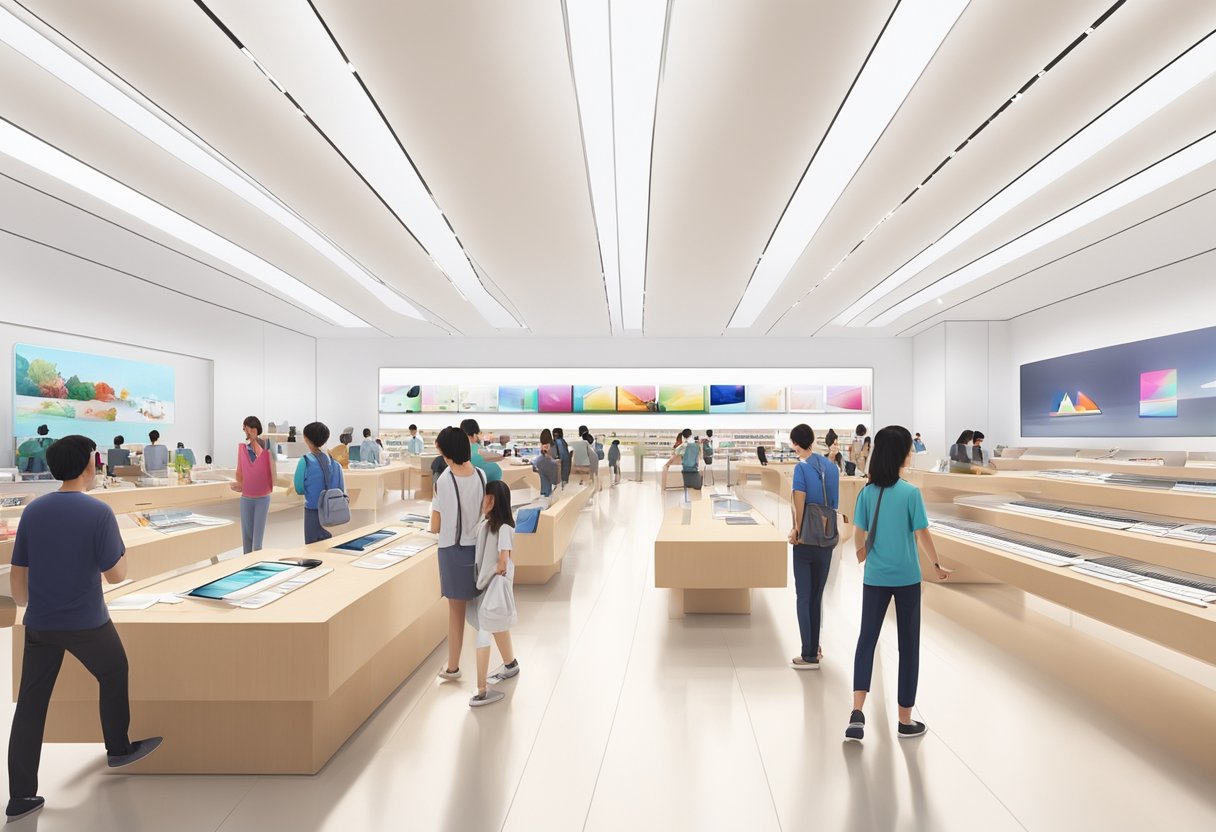 The Apple Store in Singapore is a modern, sleek space with rows of shiny, cutting-edge products on display. The store is filled with natural light, and customers are seen interacting with the latest technology