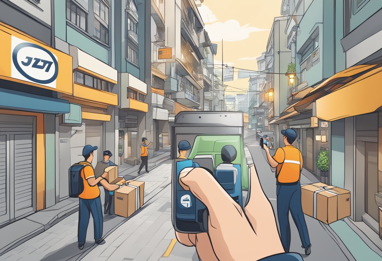 A delivery person scans a parcel with a J&T tracking code using a handheld device in a bustling Singaporean street