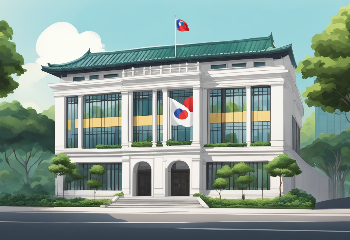 The Korean embassy in Singapore stands tall with its modern architecture, surrounded by lush greenery and a flag flying proudly in the breeze