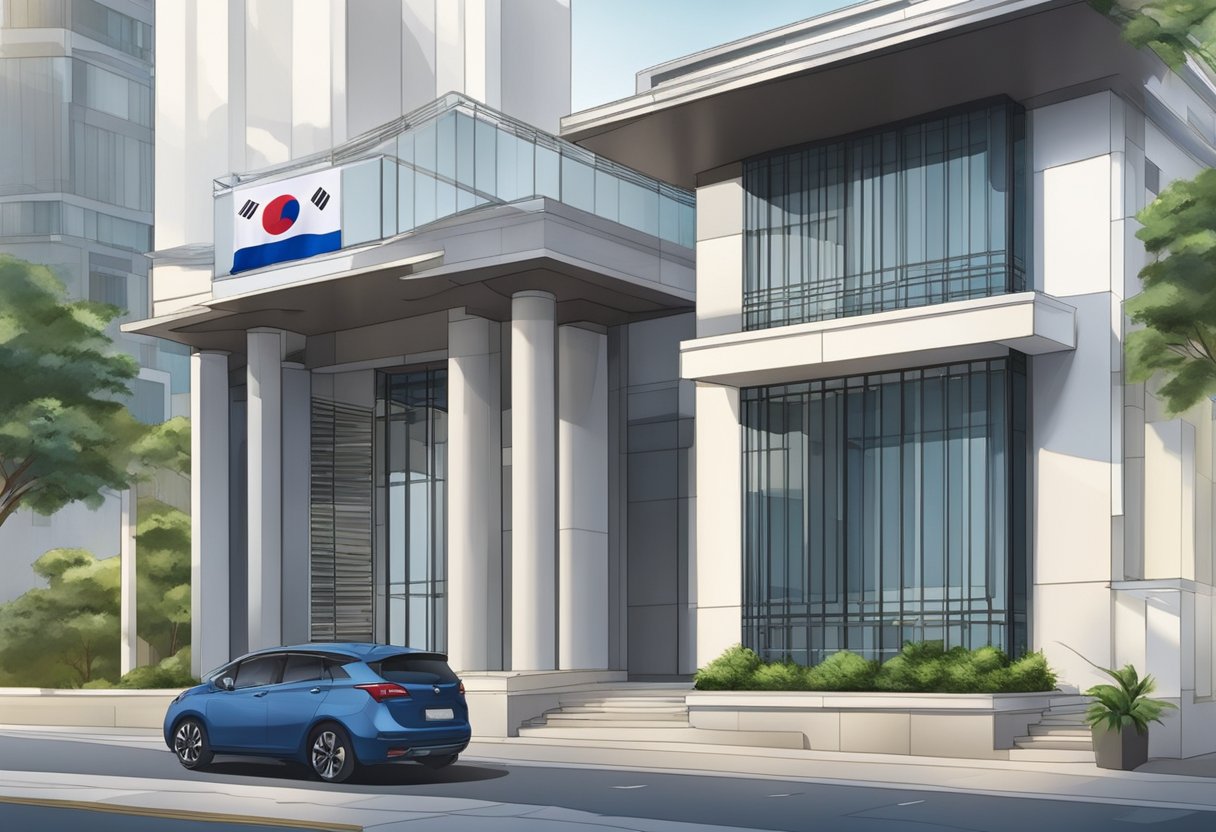 The Korean embassy in Singapore offers consular services. The building is modern with a flag flying outside. The entrance is adorned with the Korean national emblem