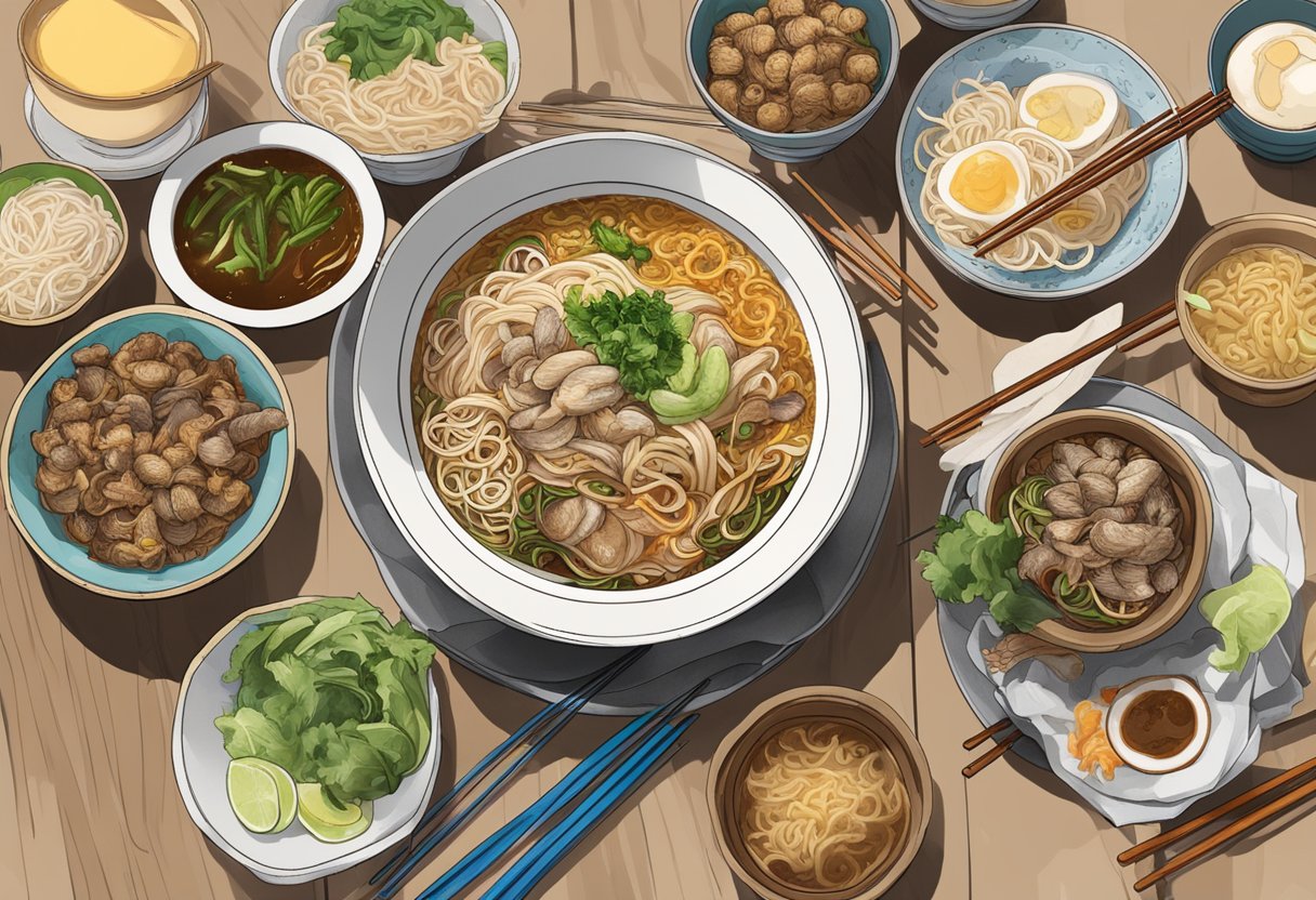 A steaming bowl of Bak Chor Mee sits on a crowded hawker stall table, surrounded by condiments and chopsticks