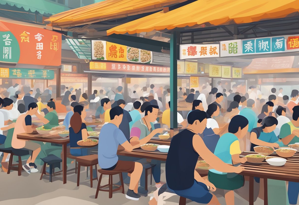 A bustling hawker center with steaming bowls of bak chor mee, surrounded by colorful signage and bustling with customers