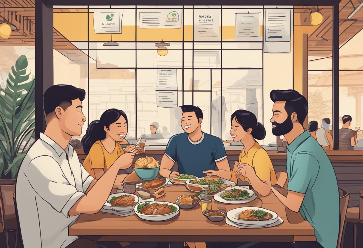 A table with a menu and a list of frequently asked questions about Asador Singapore, surrounded by happy customers enjoying their meals