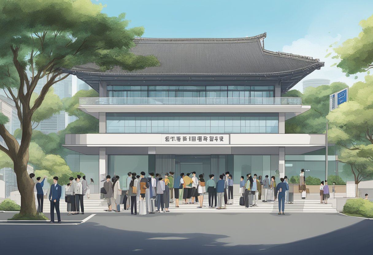 The Korean embassy in Singapore, with a queue of people waiting to enter, and a sign that reads "Frequently Asked Questions" in both Korean and English