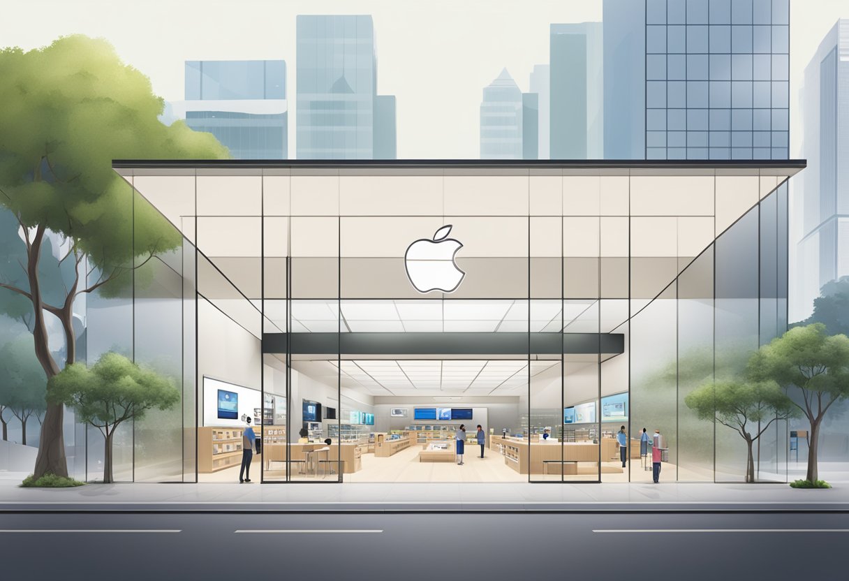 An apple store in Singapore, with a prominent sign displaying "Frequently Asked Questions" and a map indicating the location
