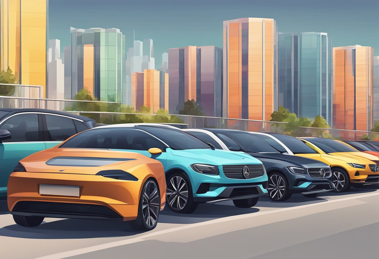 A row of sleek, modern cars parked neatly in a lot, with cityscape in the background