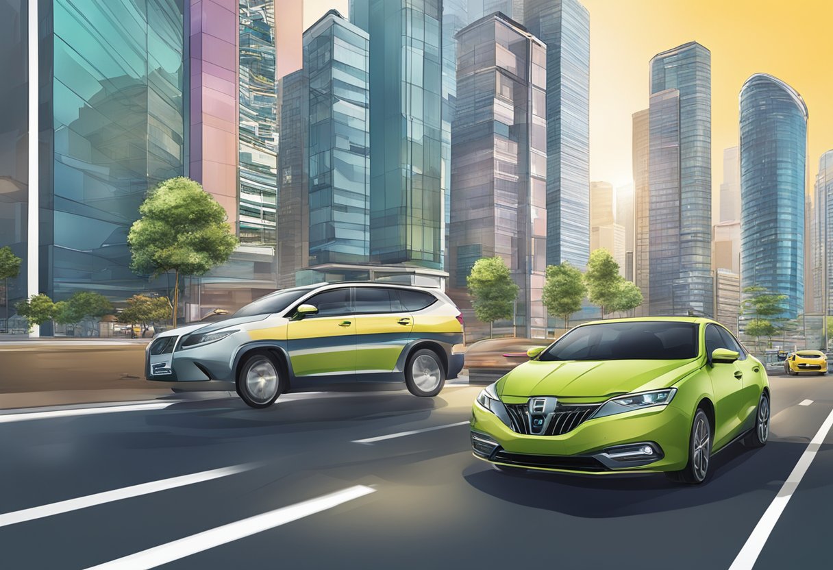 A sleek car driving through the city with a "Long-Term Car Leasing" sign in the background, showcasing the convenience and flexibility of leasing in Singapore