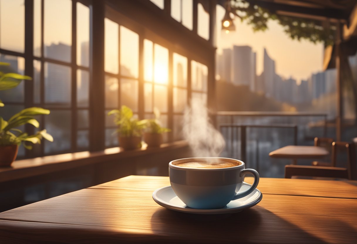 A steaming cup of Mellower Coffee sits on a rustic wooden table in a cozy cafe in Singapore. Sunlight streams through the window, casting a warm glow on the rich, aromatic beverage