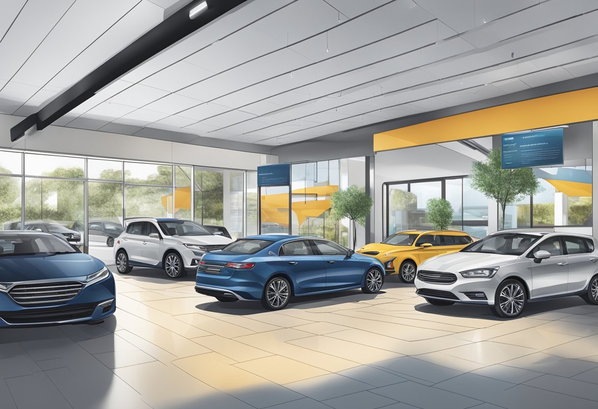 A car showroom with various leasing options displayed, including signs and brochures detailing long-term benefits