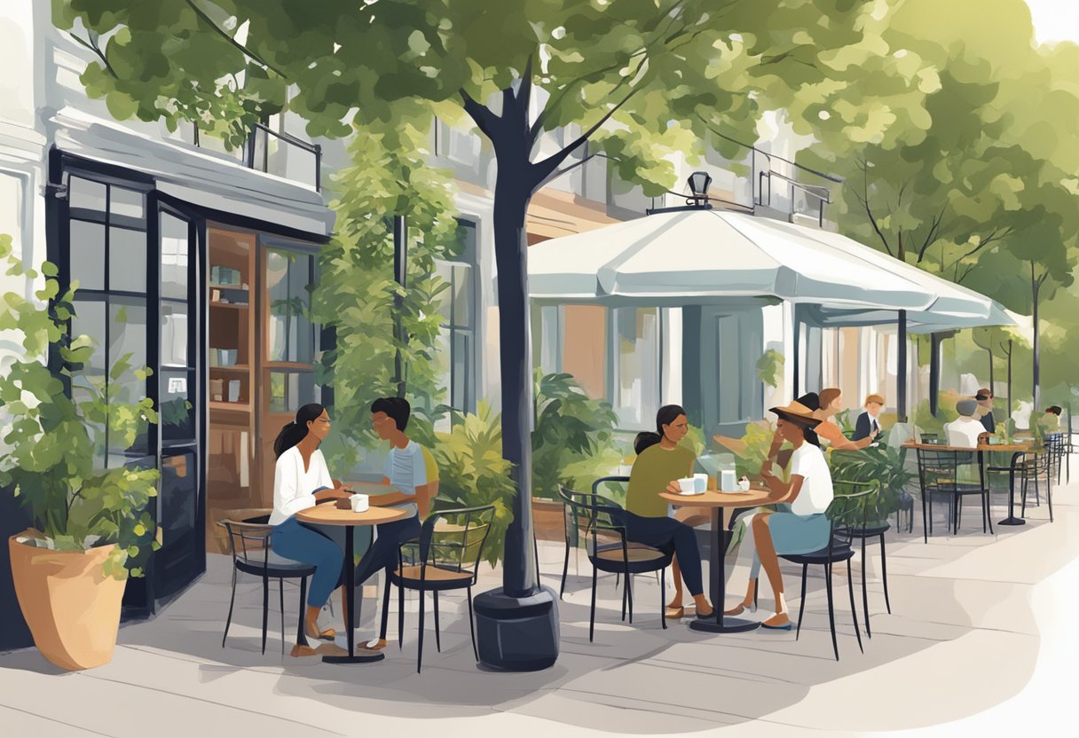 People sitting at outdoor tables, sipping coffee. Lush greenery surrounds the café, with a relaxed and cozy atmosphere