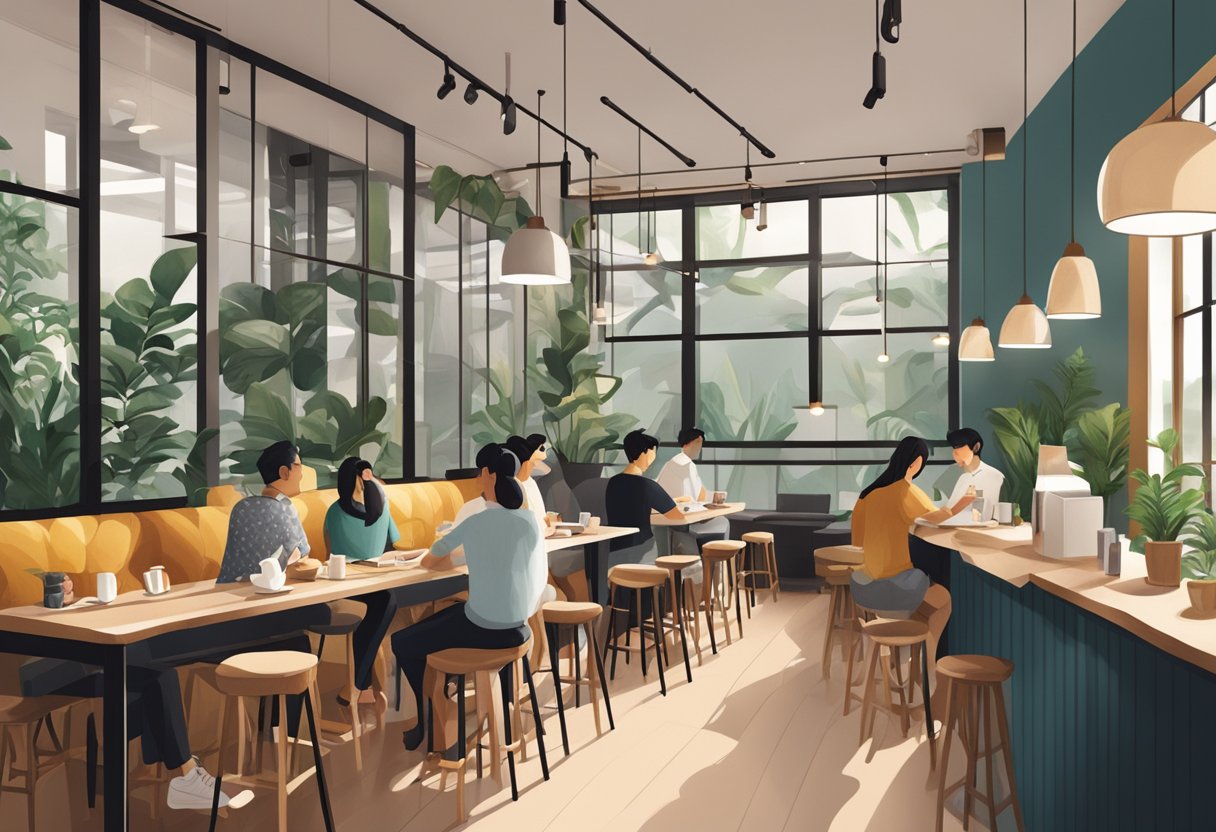 Customers enjoying a cozy atmosphere, sipping coffee at Mellower Coffee in Singapore. Warm lighting and modern decor create a relaxed ambiance