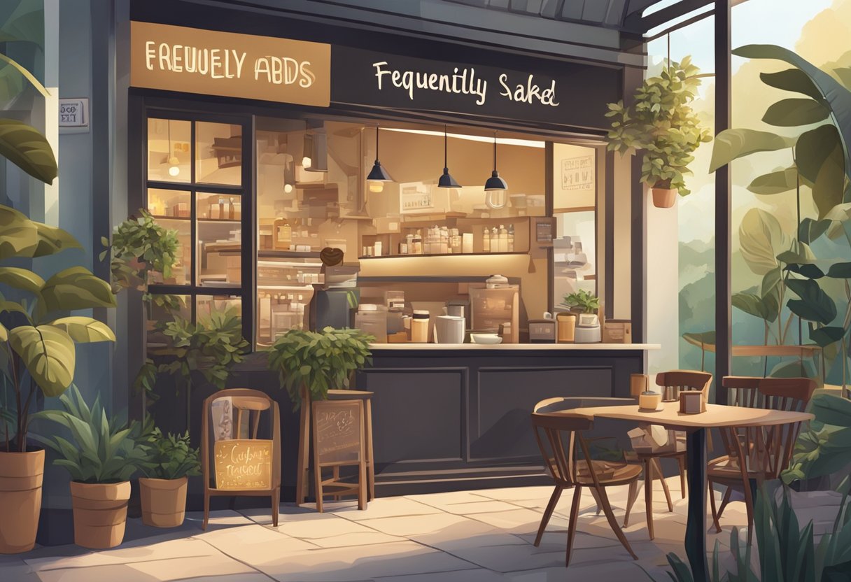 A cozy coffee shop with a sign reading "Frequently Asked Questions" in Singapore. Customers enjoy mellow vibes and aromatic coffee