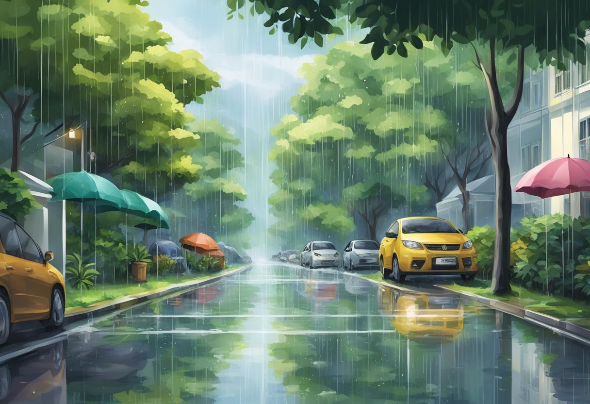 Rain falls in a quiet Singapore neighborhood, creating puddles on the pavement and glistening on the leaves of lush green trees