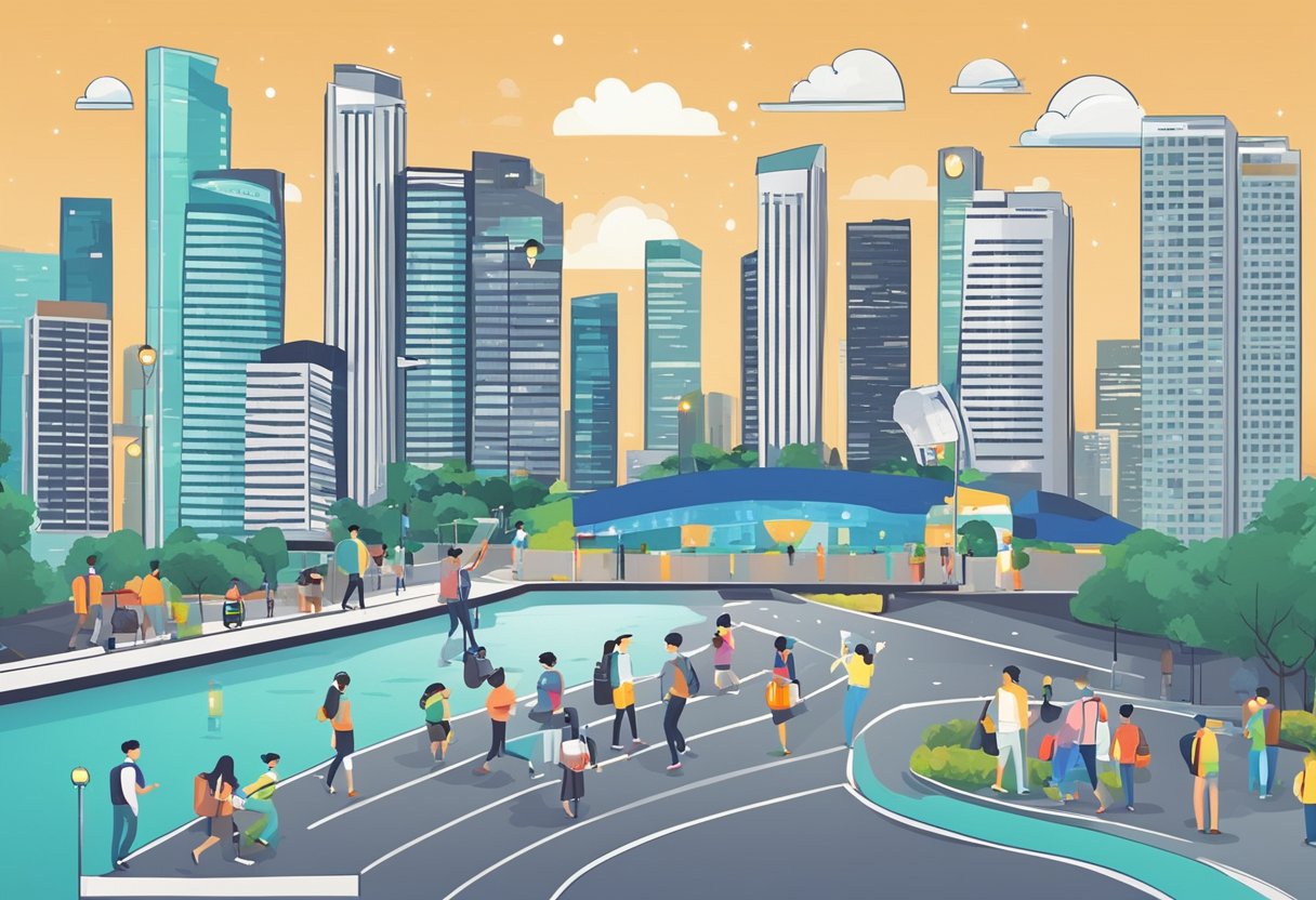 People searching for ID photo booths in Singapore. Map with locations and landmarks. Bright city lights in background
