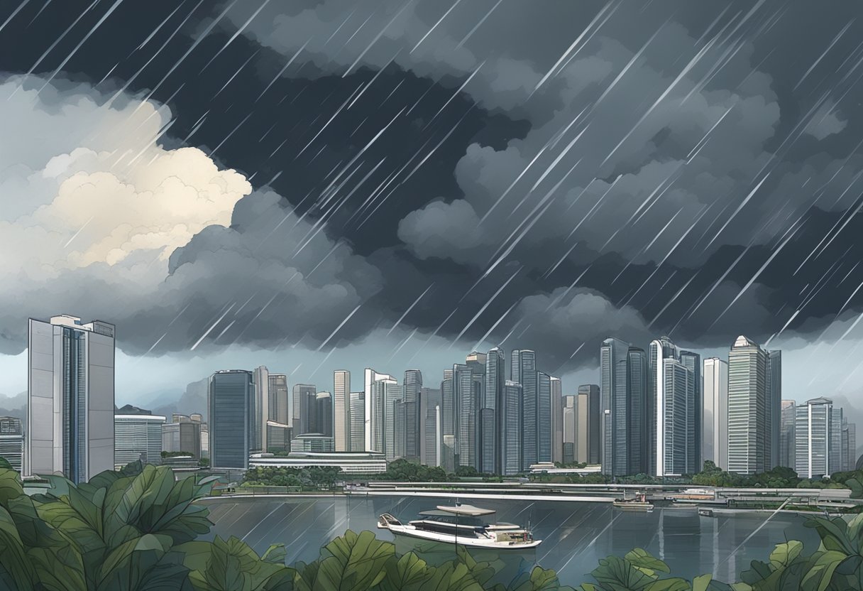 Dark clouds loom over Singapore, as rain falls in the area. NEA's weather forecasting equipment is visible in the background