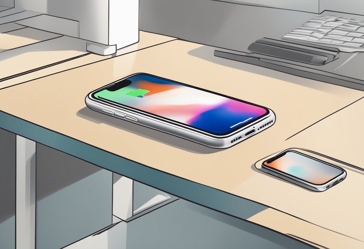 An iPhone placed on a clean, well-lit table with a sleek and modern trade-in kiosk in the background. The iPhone's screen displays the "trade-in" option prominently