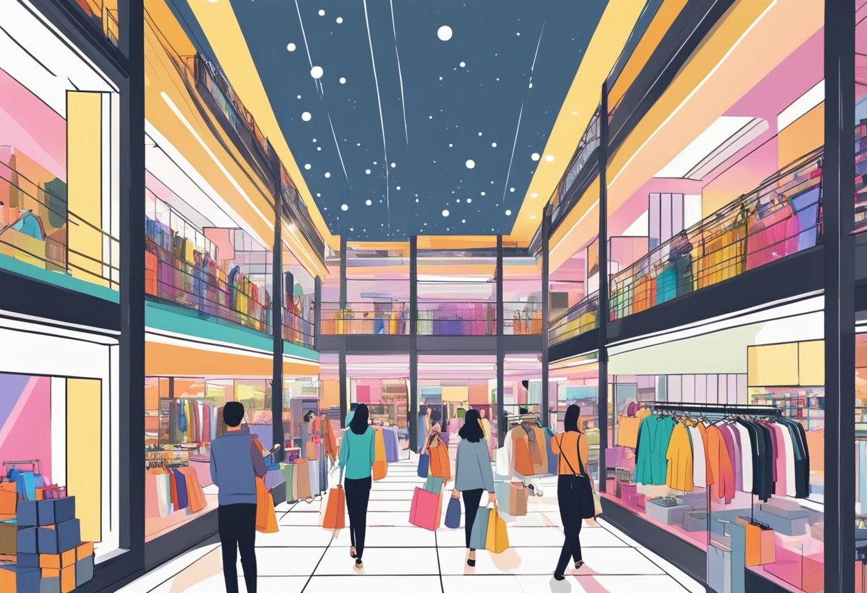 Shoppers browse colorful racks in a bustling Singapore mall. Bright lights and trendy displays highlight the latest fashion trends