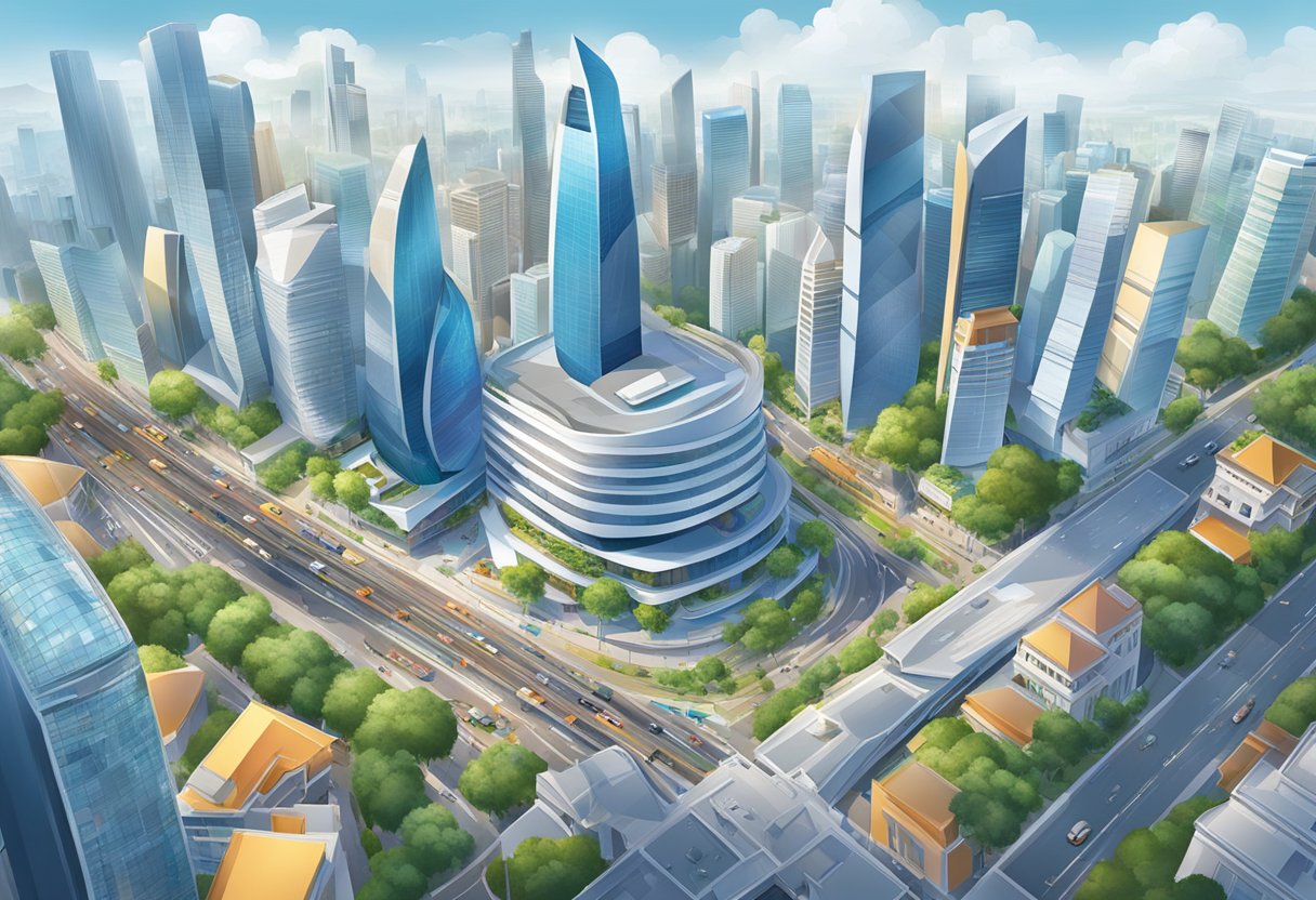 A bustling cityscape with iconic landmarks and modern architecture, showcasing the vibrant energy and dynamic atmosphere of Bauerfeind Singapore