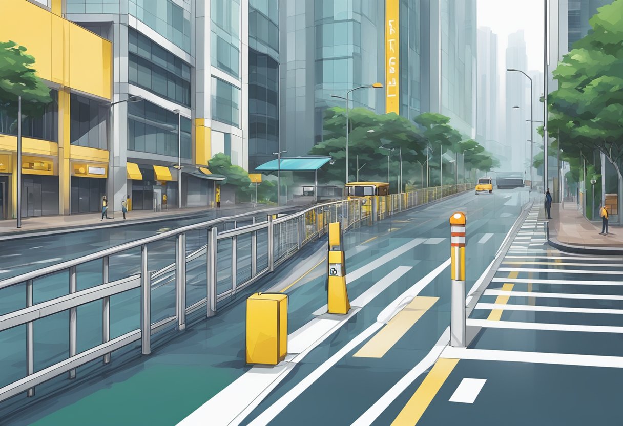 Pedestrian signs and barriers near rainy Singapore area