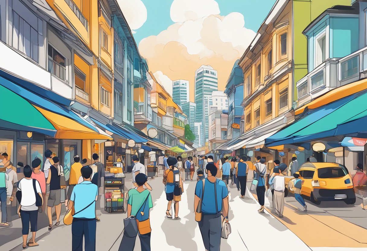 A bustling street in Singapore, with iconic landmarks and vibrant colors, showcasing the diverse watch market of Chrono24