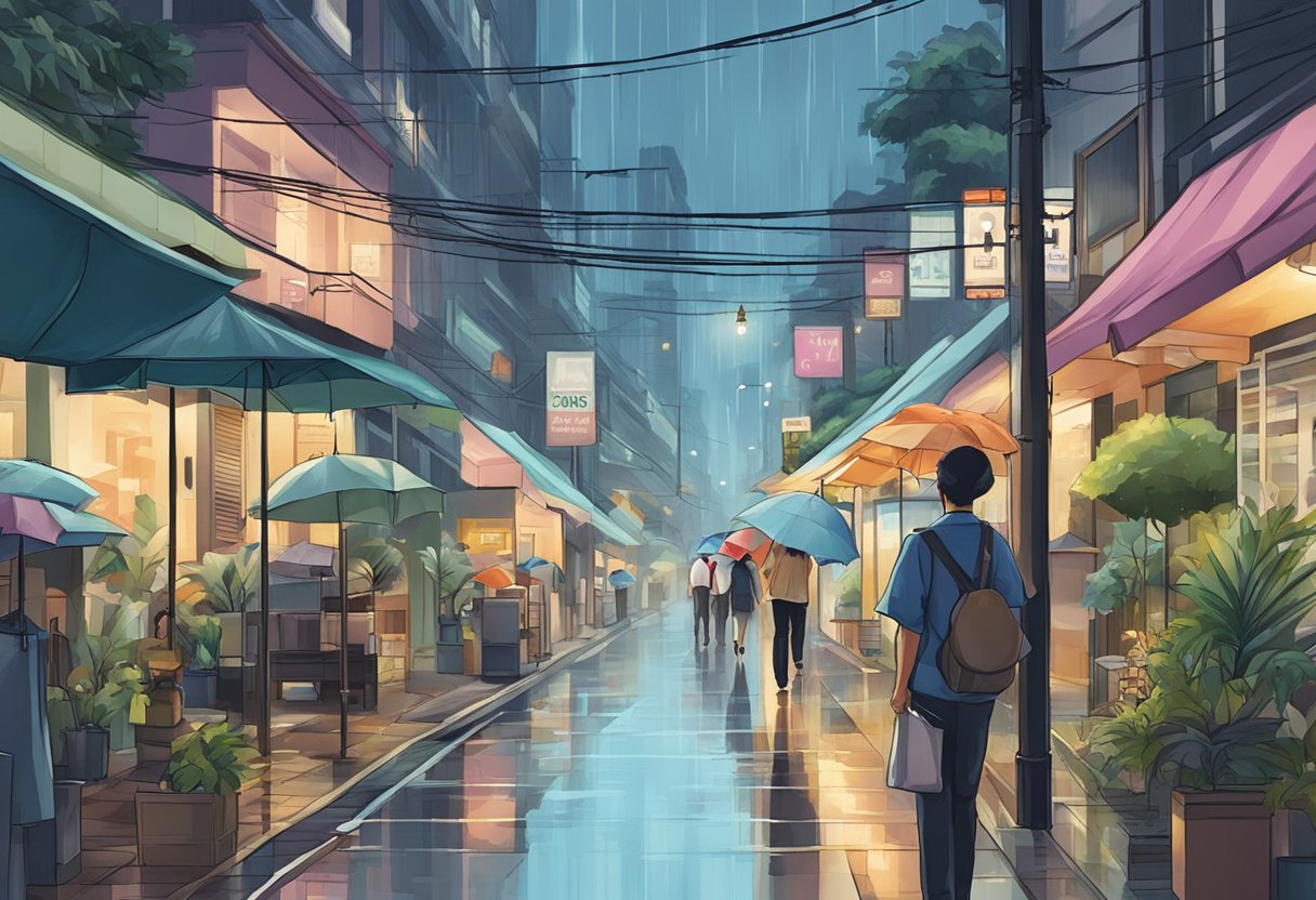 A rainy street in Singapore with a "Frequently Asked Questions" sign near a bustling area