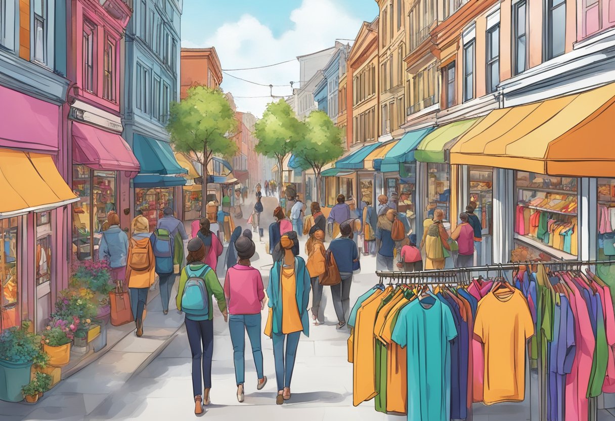 A bustling street lined with colorful storefronts and vibrant displays of clothing, with shoppers browsing through racks and chatting with salespeople