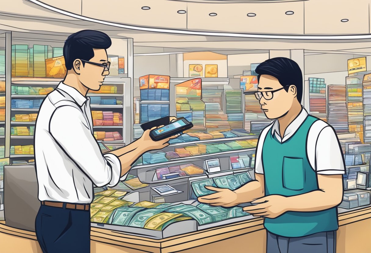 An iPhone being exchanged for cash at a Singapore store, with a customer asking questions to the salesperson