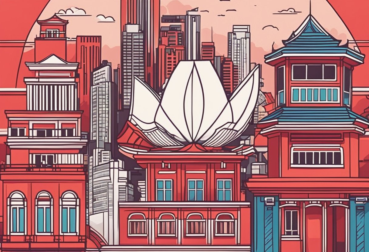 A vibrant red piece of Singapore with iconic landmarks and cultural symbols