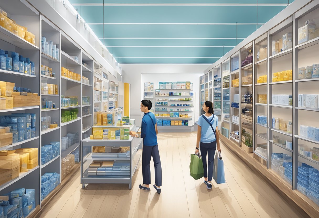 A person walks into the Bauerfeind store in Singapore, greeted by friendly staff. They browse products displayed neatly on shelves, with a comfortable and inviting atmosphere