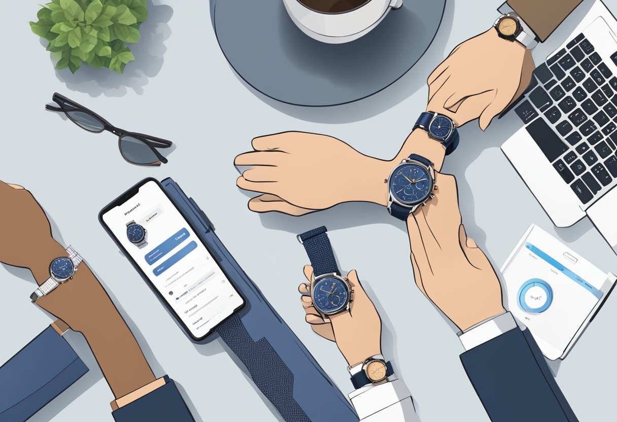 Buyers and sellers interact on Chrono24's platform, exchanging luxury watches. Transactions occur online, with users browsing and negotiating prices