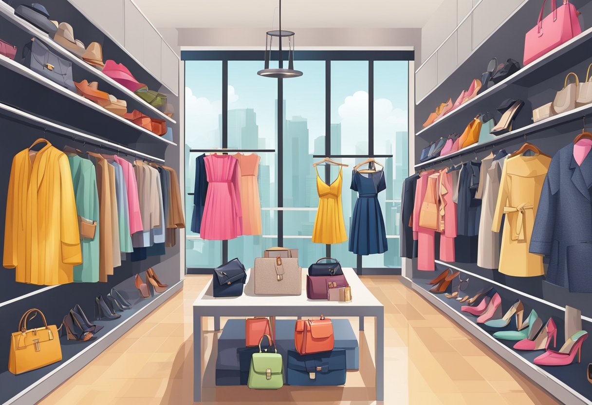 Various clothing and accessories displayed in a modern Singaporean boutique. Brightly colored dresses, stylish handbags, and trendy shoes line the shelves