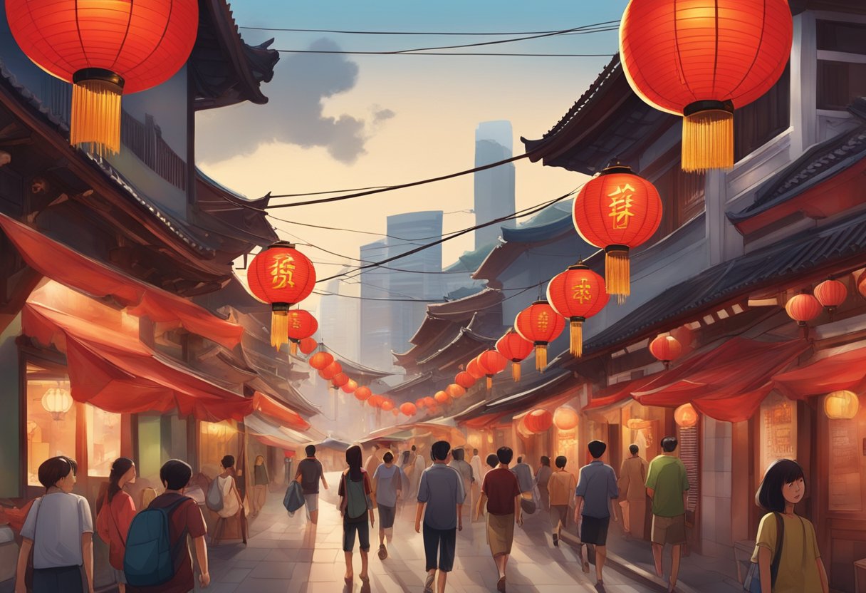 A bustling Singapore street, adorned with vibrant red lanterns and traditional Chinese architecture, sets the scene for the One Piece Red film