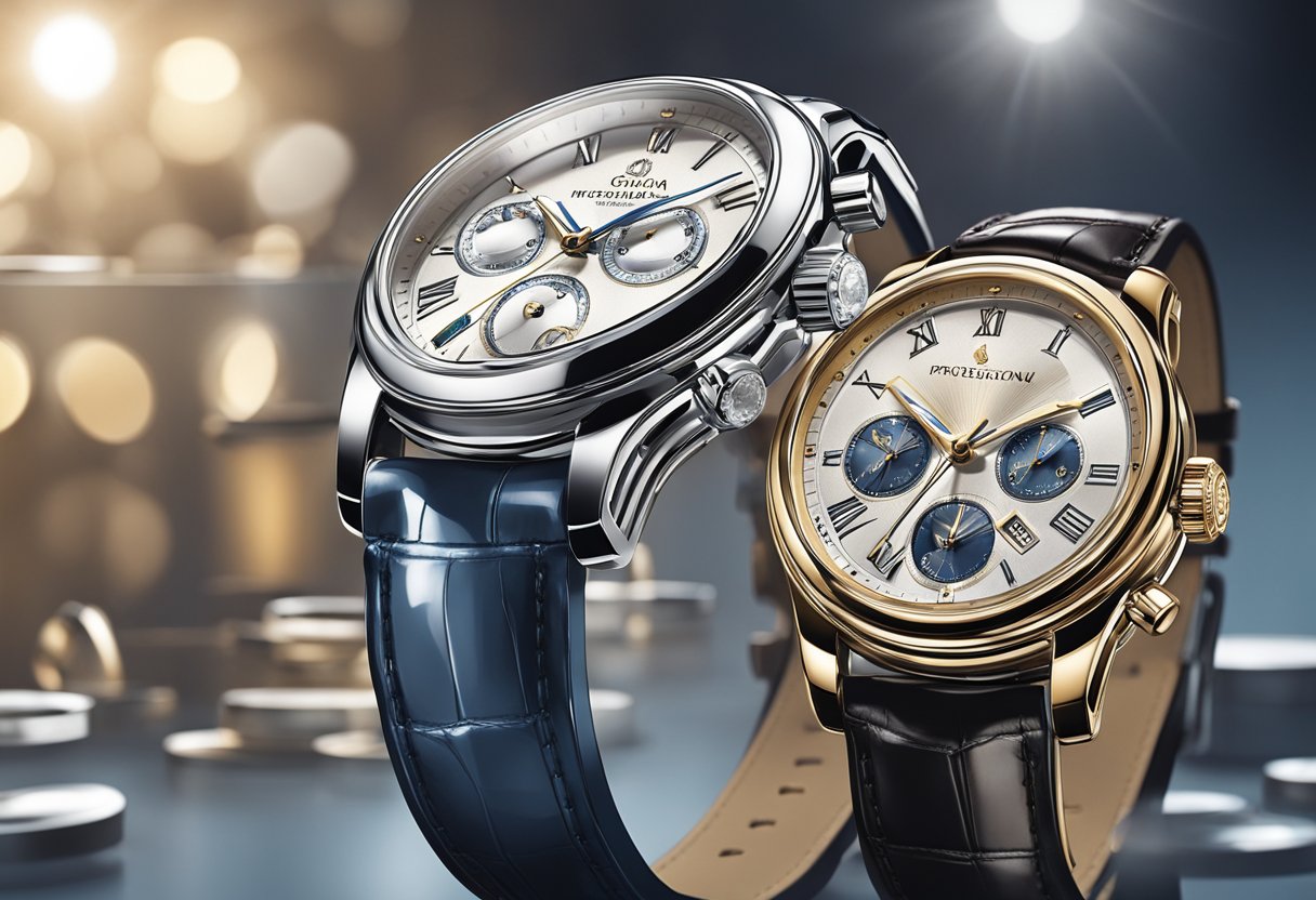 A display of luxury watches gleaming under spotlights, each meticulously crafted with intricate details and exquisite materials, showcased in a sleek and modern setting