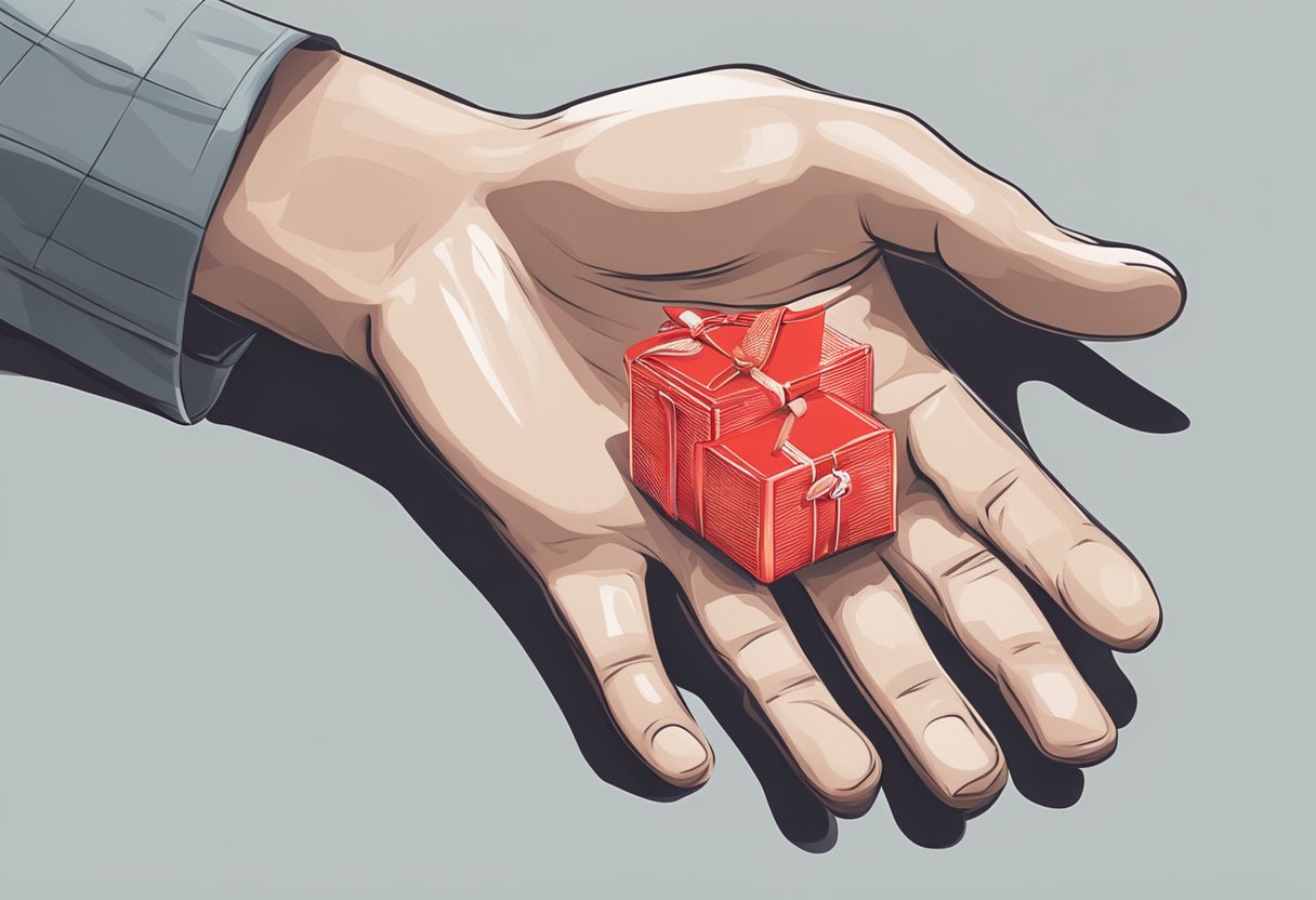 A hand drops a red Singaporean one-piece into a waiting palm