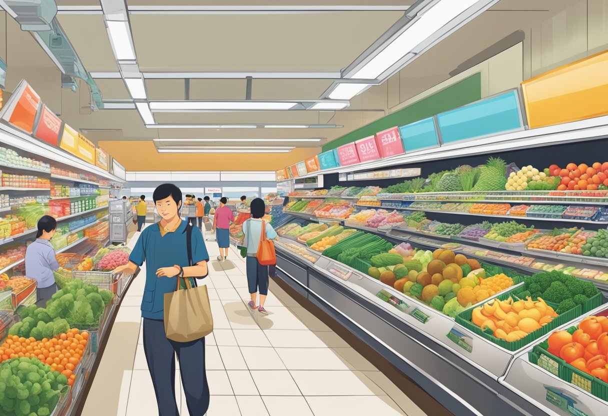 A bustling Japanese supermarket in Singapore, with colorful displays of fresh produce, neatly organized shelves of imported goods, and busy shoppers browsing the aisles