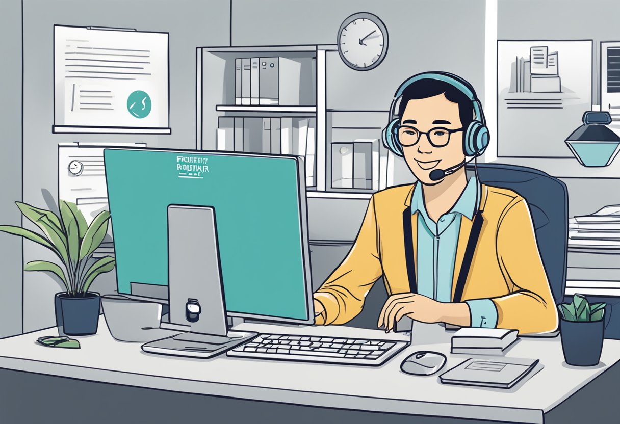 A customer service representative at a desk with a computer and a sign that says "Frequently Asked Questions bauerfeind singapore."