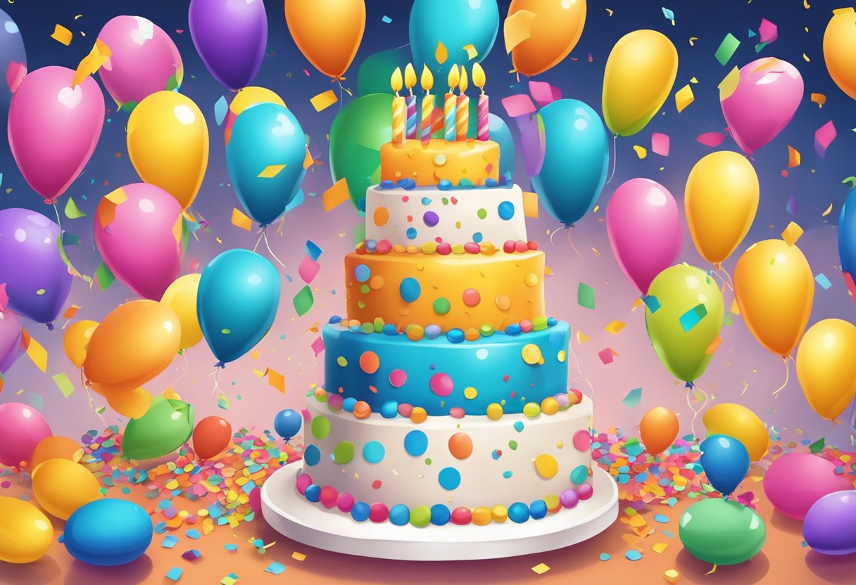 Colorful balloons, confetti, and a large birthday cake with candles surrounded by happy faces at a lively party in Singapore