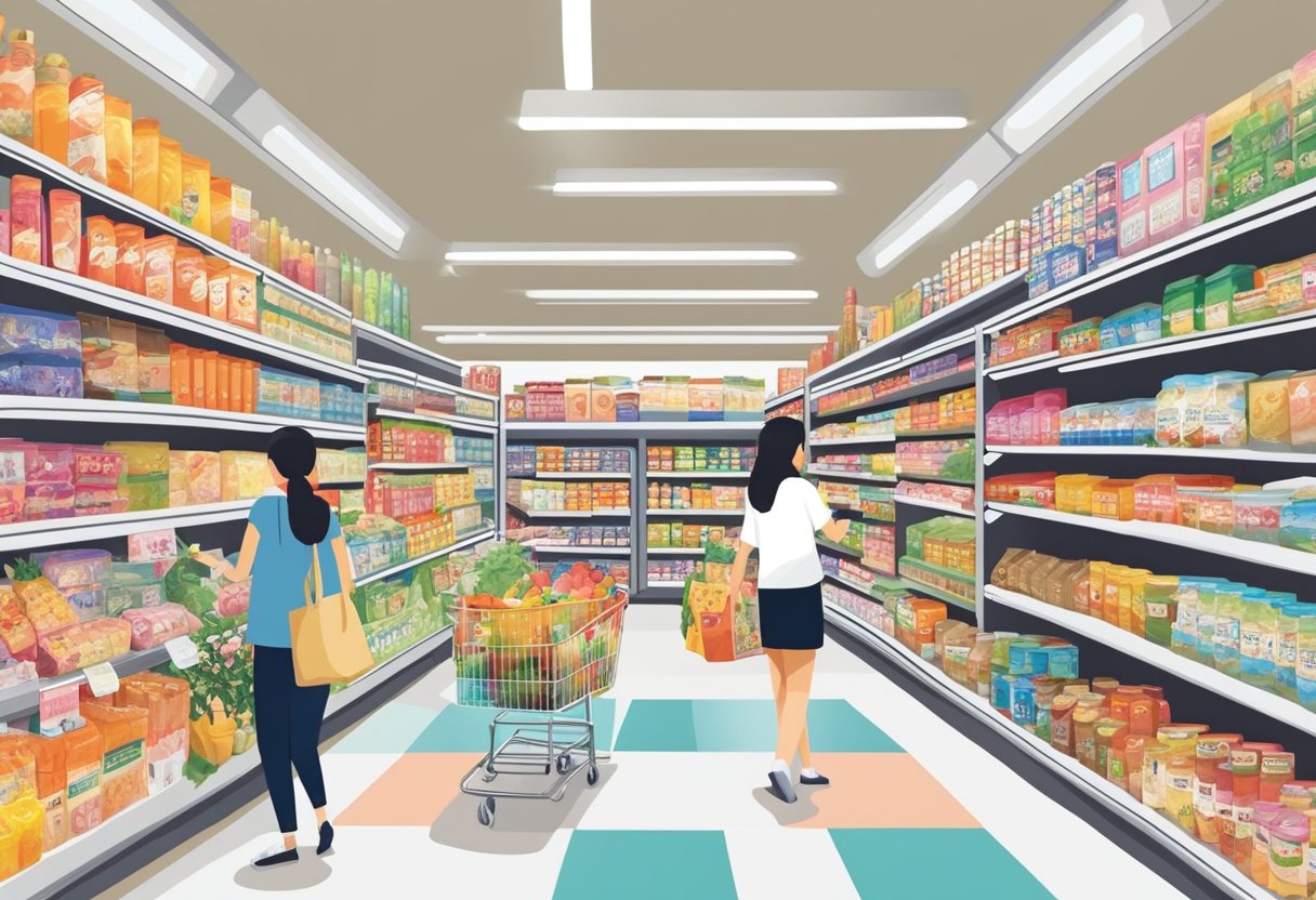 Customers browse colorful shelves of Japanese products in a bustling Singapore supermarket