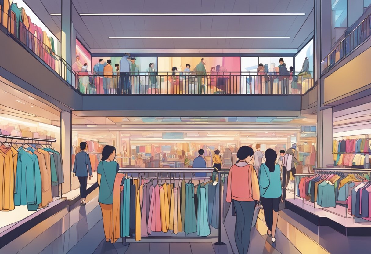 People browsing racks of clothes in a bustling Singapore shopping mall. Bright lights and colorful displays draw attention