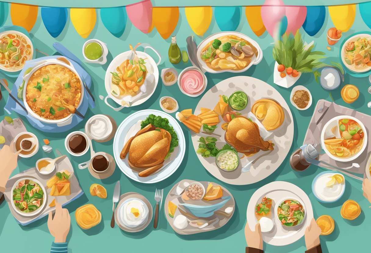 A table set with various dishes and drinks, surrounded by birthday decorations and a sign advertising "Food and Dining Deals birthday deals singapore."