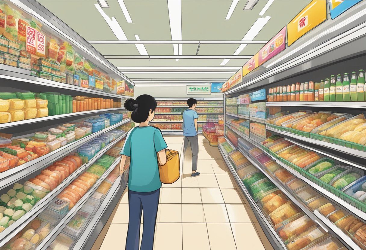 Customers browsing aisles of a Japanese supermarket in Singapore. Signs in Japanese and English, shelves stocked with various products